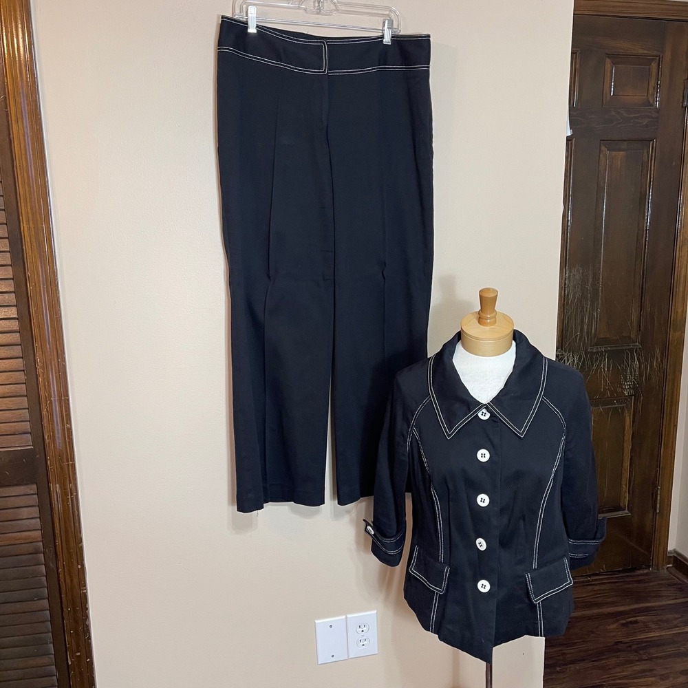 Lane Bryant Black Contrast Stitch Pant Suit Set Jacket 14 Pants 16 Plus Size